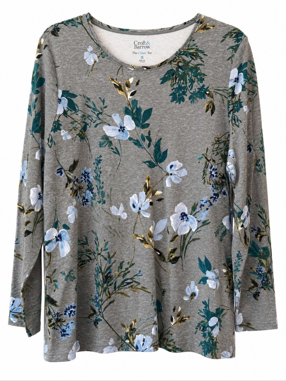 Croft & Barrow Gray Blue Green Floral Long Sleeve Tee Size 1X